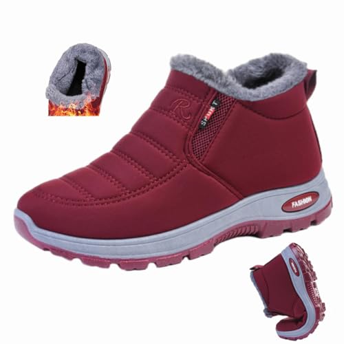 WINDEHAO Winter-Schneestiefel für Damen und Herren, warmes Faxu-Fellfutter, breite Breite, kurze Stiefel, zum Reinschlüpfen, wasserdicht, Outdoor, Walking, Stiefeletten (Rot, F, 35 EU) von WINDEHAO