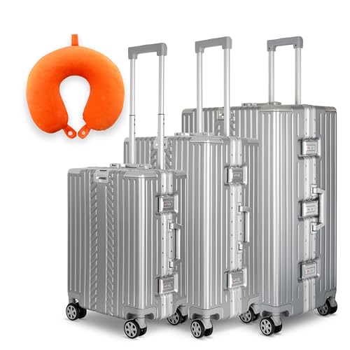 WINLIFE 3in1 M+L+XL Handgepäck(53cm) + Checkin-Trolley(65cm) + XL Koffer(75cm) Reisekoffer Set mit Alu-Rahmen, ABS + Orange Nackenkissen & TSA Nummern-Schloss | Silber von WINLIFE