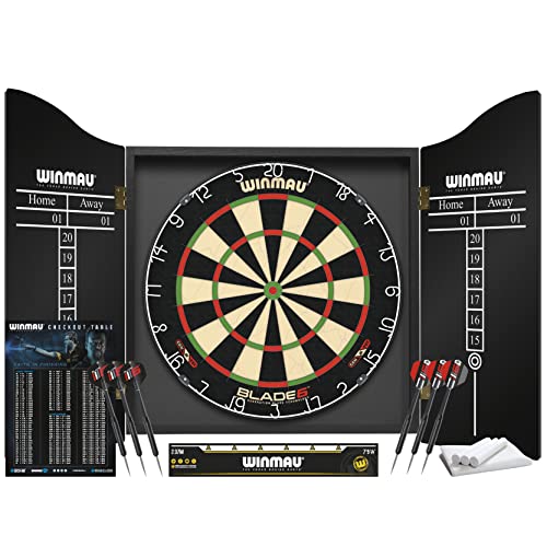 WINMAU Blade 6 Professionelle Bristle Klassische Dartscheibe with Winmau Dartschrank, Darts Set (2 Sätze Darts) and Accessories von WINMAU