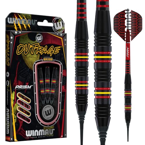 WINMAU Outrage 18 gram Brass Softip Dartpfeile Set mit Flights und Schäfte von WINMAU