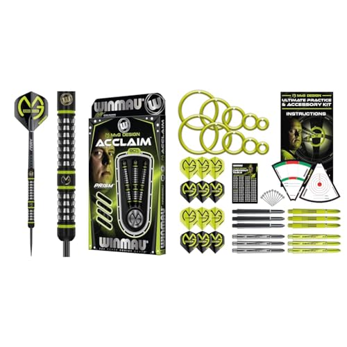 WINMAU Michael Van Gerwen MvG Acclaim 25 Gramm Wolfram Dartpfeile mit Stahlspitze Set mit Flights und Shafts & MvG Ultimatives Übungs- und Zubehör-Set von WINMAU