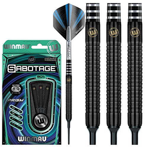 WINMAU Sabotage Onyx 18g Fassgewicht, 20g Gesamtgewicht Profi Wolfram Softip Dartpfeile Set mit Flights und Schäfte von WINMAU