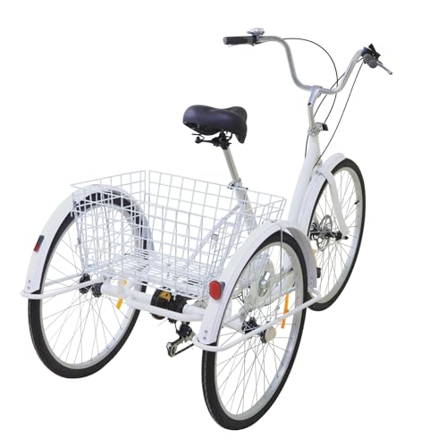26' Oldtimer-Dreirad, sechs Gänge und verstellbarer Sitz, menschlich angetrieben, mit großem Korb, weißes Dreirad für Erwachsene, kann zur Erholung, zum Einkaufen oder für Übungen verwendet werden von WINPANG