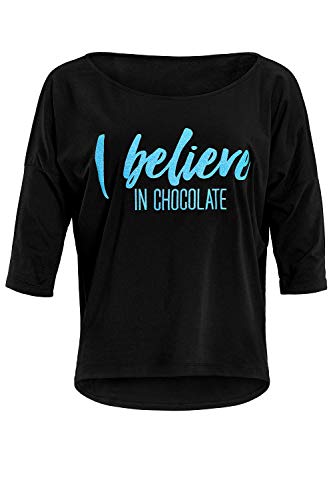 Winshape Damen Ultra leichtes Modal-3/4-Arm Shirt MCS001 mit neon blauem „I Believe in Chocolate” Glitzer-Aufdruck, Dance Style, Fitness Freizeit Sport Yoga Workout, Schwarz-neon-blau-Glitzer, L von WINSHAPE