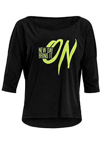 Winshape Damen Ultra leichtes Modal-3/4-Arm Shirt MCS001 mit neon gelbem „New Day Bring it on” Glitzer-Aufdruck, Dance Style, Schwarz-neon-Geld-Glitzer, XL Winshape Damen Ultra leichtes Modal-3/4-Arm Shirt MCS001 mit neon gelbem „New Day Bring it on” Glitzer-Aufdruck, Dance Style, Schwarz-neon-Geld-Glitzer, XL von WINSHAPE