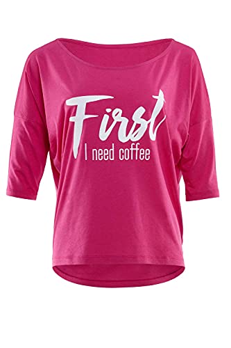 WINSHAPE Damen Ultra Leichtes Modal-3/4-arm Mcs001 Mit Weißem „first Need Coffee” Glitzer-aufdruck T-Shirt, Deep-pink-weiss, XS EU von WINSHAPE