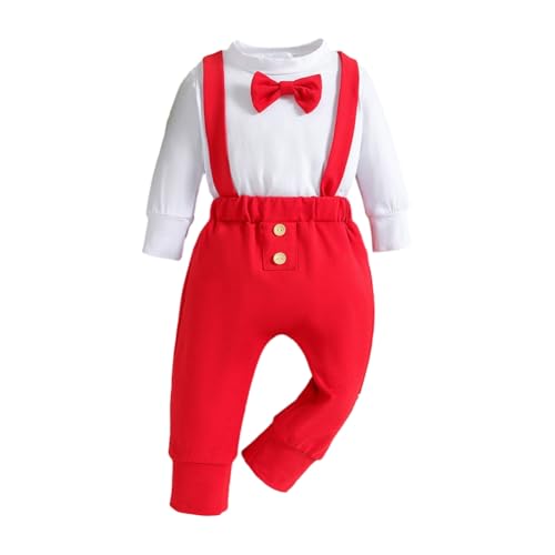 WISREMT Baby Jungen Weihnachten Outfits Neugeborene Gentleman Anzug Langarm Fliege Strampler und Hosenträger Set Säugling Hochzeit Anzug Kleidung Sets von WISREMT