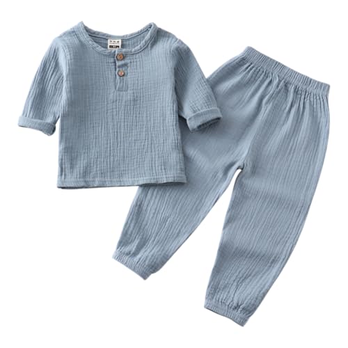 WISREMT Jungen 2 Stück Baumwolle Leinen Outfits Kinder Button Down Langarm Hemden und Hosen Sets Frühling Sommer Kleidung für Kleinkind Baby Kleine Jungen 6M-7Y von WISREMT