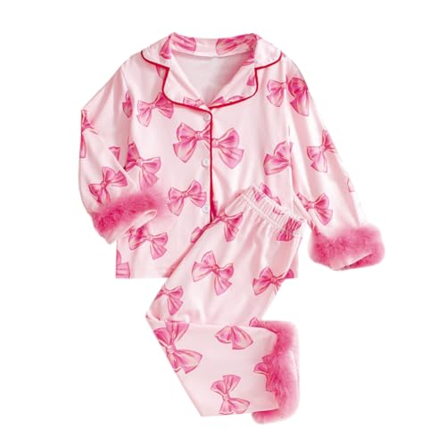 WISREMT Kids Girls Satin Silk Pajamas Long Sleeve Button Down Sleepwear Bow Printed Silky Pyjama Set 2 PCS Pj Little Girls Pjs 2 3 4 5 6 7Y von WISREMT