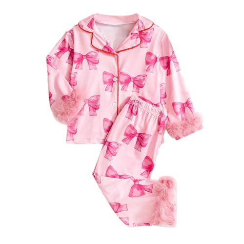 WISREMT Kids Girls Satin Silk Pajamas Long Sleeve Button Down Sleepwear Bow Printed Silky Pyjama Set 2 PCS Pj Little Girls Pjs 2 3 4 5 6 7Y von WISREMT