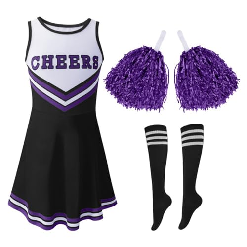 WISREMT Kinder Mädchen Halloween Cheerleader Kleid Cheerleading Outfit Cheer Uniform Kleidung Sets + Pom Poms + Tube Socken 3-12Y von WISREMT