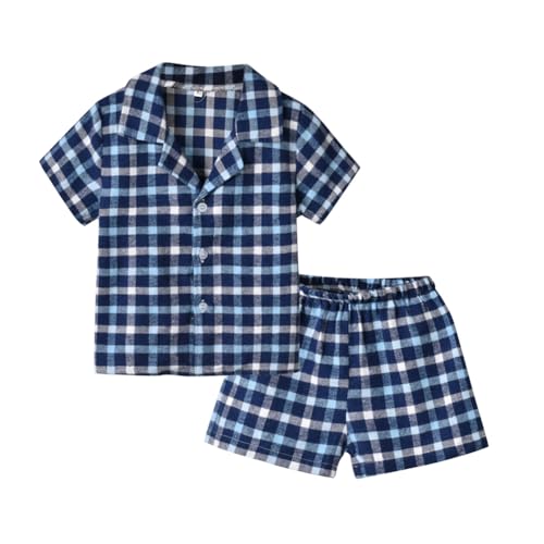 WISREMT Kinder Pyjama Sets Jungen Mädchen Kariertes Button-Down-Hemd und Shorts 2Pcs Loungewear Pyjamas Unisex Sommer Pyjamas für 6m-7T von WISREMT