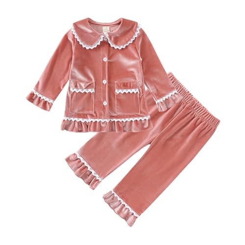 WISREMT Kinder Samt Pyjamas Set Mädchen Weihnachten Einfarbig 2PCS Velour Pj Set Spitze Trim Langarm Button Down Schlafshirt und Hose Herbst Winter Nachtwäsche 3M-13Y von WISREMT