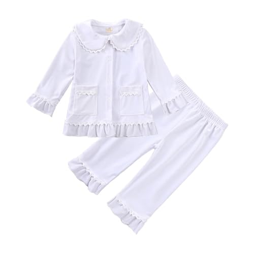 WISREMT Kinder Samt Pyjamas Set Mädchen Weihnachten Einfarbig 2PCS Velour Pj Set Spitze Trim Langarm Button Down Schlafshirt und Hose Herbst Winter Nachtwäsche 3M-13Y von WISREMT