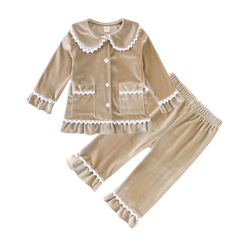 WISREMT Kinder Samt Pyjamas Set Mädchen Weihnachten Einfarbig 2PCS Velour Pj Set Spitze Trim Langarm Button Down Schlafshirt und Hose Herbst Winter Nachtwäsche 3M-13Y von WISREMT