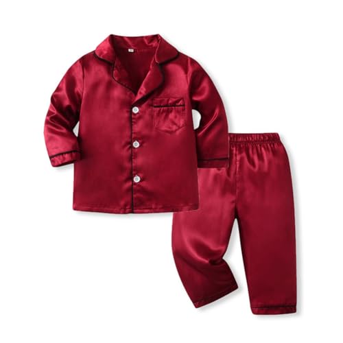 WISREMT Kinder Satin Pyjamas Silky Pyjama Set Einfarbig Button-Up Nachtwäsche Langarm Lounge Sets Klassische 2-teilige Nachtwäsche für Kleinkind Baby Kleiner Junge Mädchen 9M-7Y von WISREMT