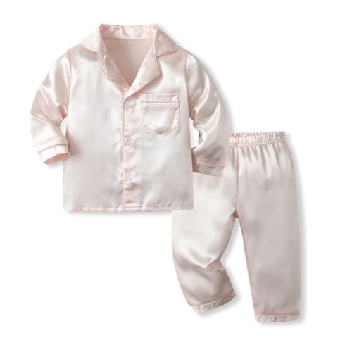 WISREMT Kinder Satin Pyjamas Silky Pyjama Set Einfarbig Button-Up Nachtwäsche Langarm Lounge Sets Klassische 2-teilige Nachtwäsche für Kleinkind Baby Kleiner Junge Mädchen 9M-7Y von WISREMT