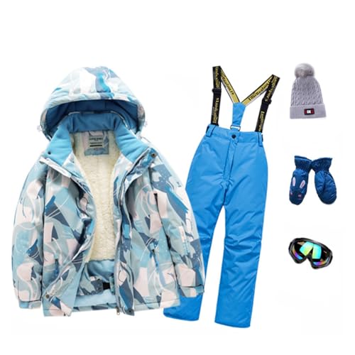 WISREMT Kinder Skijacke und Hosen Set Jungen Mädchen Verdicken Warm Kapuze Schneeanzug 5 Stück wasserdichte Mäntel Hosen Wollmütze Handschuhe und Schwimmbrillen Outfits von WISREMT