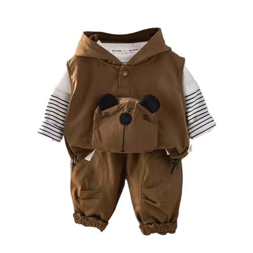 WISREMT Kleinkind Baby Junge Kleidung Outfits 3 Stück Trainingsanzug Kapuzenweste Cartoon Bedruckt gestreiftes T-Shirt und Hosen Set Herbst Kleidung Sets von WISREMT