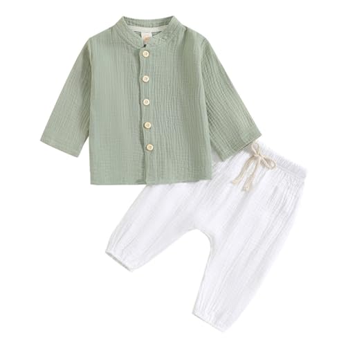 WISREMT Kleinkind Baby Jungen Leinen Bekleidungsset für Säugling Baby Baumwolle Langarm Button-Down Hemd und elastische Taille Hosen 2 Stück Frühling Outfits 6M-4Y von WISREMT