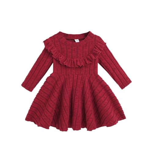 WISREMT Kleinkind Baby Mädchen Rüschen Langarm Kleider Einfarbig Geripptes Kleid Säugling Frühling Pullover Kleider 6M-3Y von WISREMT