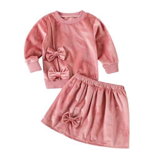 WISREMT Kleinkind Baby Mädchen Samt Rock Sets Langarm Pullover Tops und Stretch Minirock mit Schleife Trend Velours Outfits 2 Stück Herbstkleidung 18M-6Y von WISREMT