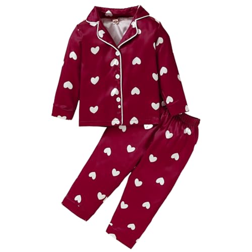 WISREMT Kleinkind Baby Mädchen Satin Pyjamas Set Valentinstag Langarm Button-Down Nachtwäsche 2 Stück Seide Pyjama für Mädchen 1 2 3 4 5 6 7Y von WISREMT