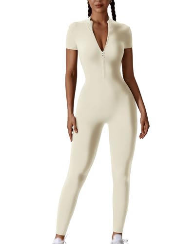 WISREMT Kurzarm-Jumpsuits für Damen Einteiler Strampler lässig Yoga Workout Body Reißverschluss vorne Bodycon Leggings Passform Bauchkontrolle Playsuit von WISREMT