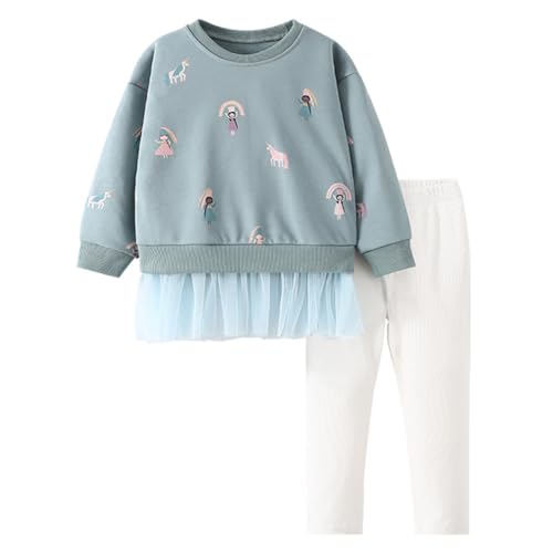 WISREMT Mädchen Herbst Kleidung Set 2 Stück Cartoon Print Sweatshirt und Hosen Sets Mesh Patchwork Top und Leggings Outfits für 1-8 Jahre von WISREMT