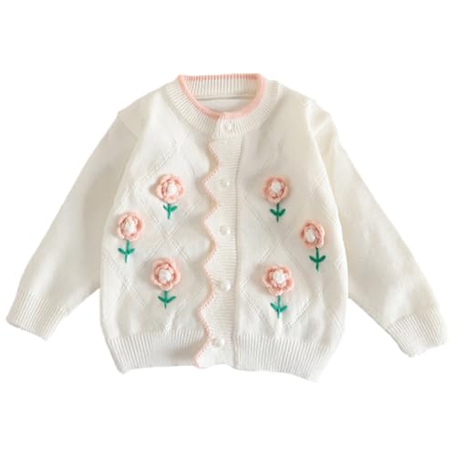 WISREMT Mädchen Pullover Jacke Kleinkind Strick Top Schöne Styling Strickwaren Kinder Perlenknopf Langarm Strickjacken mit Handapplikation für 2-9Jahre von WISREMT