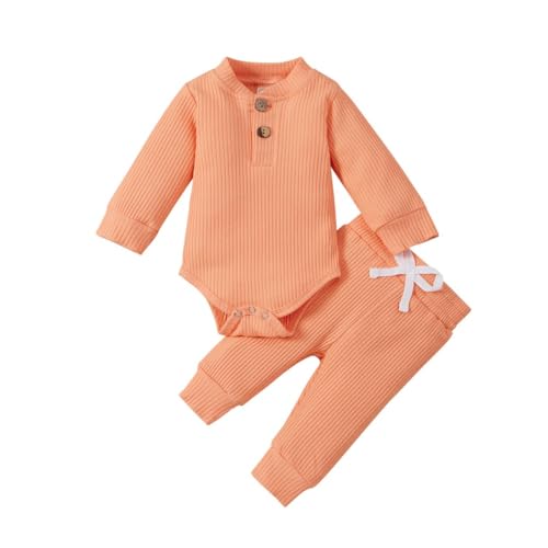 WISREMT Neugeborene Jungen Mädchen Gerippte Strickstrampler und Hosen Sets Säugling Baby Einfarbig Knopf Stricken Overall und Hosen Outfits von WISREMT