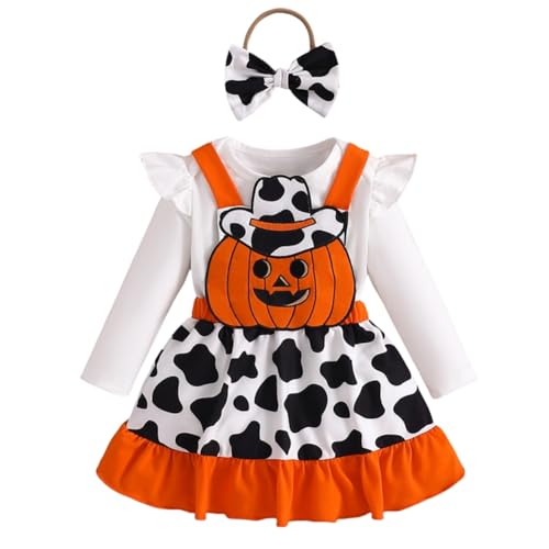 WISREMT Neugeborenes Baby Mädchen Halloween Kleidung Sets Rüschen Langarm Strampler Kürbis Fledermaus Geist Druck Hosenträger Rock und Stirnband Outfits von WISREMT