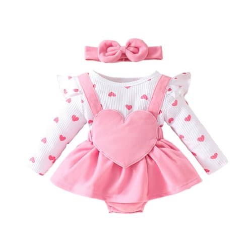 WISREMT Neugeborenes Baby Mädchen Valentinstag Outfits Herz Gedruckt Rüschen Langarm Strampler Kleid mit Schleife Stirnband Säugling Herbst Winter Kleidung 0-18M von WISREMT