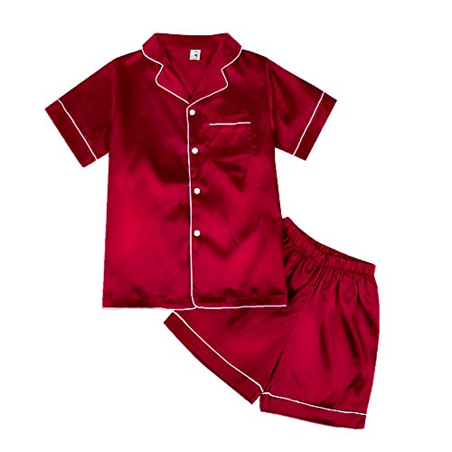 WISREMT Unisex Satin Pyjama Set Jungen Mädchen Seide Pyjama Kurzarm 2 Stück Nachtwäsche Button-Down Kinder Teenager Nachtwäsche 4-14Jahre Silky Loungewear Kleidung Set von WISREMT