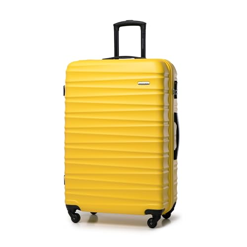 WITTCHEN Reisekoffer Rollkoffer Trolley Großer Koffer Handgepäck Hartschale aus ABS mit 4 Spinner-Rollen Zahlenschloss Teleskopgriff Groove Line Größe L Gelb von WITTCHEN