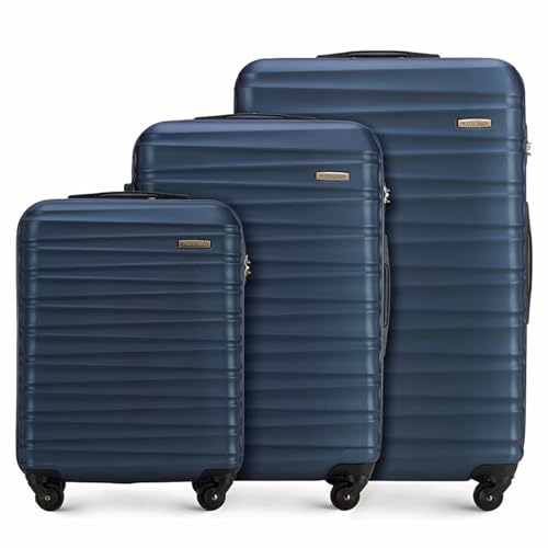 WITTCHEN Reisekoffer 3er Koffer-Set Rollkoffer Trolley Handgepäck Hartschale aus ABS mit 4 Spinner-Rollen Zahlenschloss Teleskopgriff Groove Line Dunkelblau von WITTCHEN