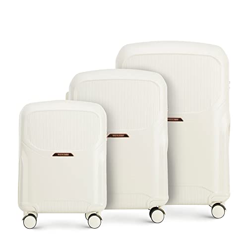 WITTCHEN Stilvoller Koffer-Set of 3 Trolley Strapazierfähigem Polycarbonat Trolley 4 Doppel-Lenkrollen TSA Zahlenschloss (S+M+L) Creme Elemente in Roségold von WITTCHEN