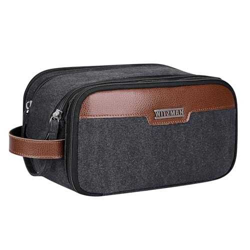 WITZMAN Canvas Kulturbeutel Herren Großer Reise Kosmetiktasche mit Doppelter 8L Organizer Badezimmertasche Tasche (A8002 Schwarz) von WITZMAN