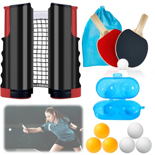 Tischtennisschläger Set: Versenkbar Tischtennisnetz+2 Tischtennisschläger+6 Tischtennisbälle+Ballbox+Aufbewahrungstasche, Tischtennisschläger Set Profi Sport Set für Indoor & Outdoor Spiele von WIYETY