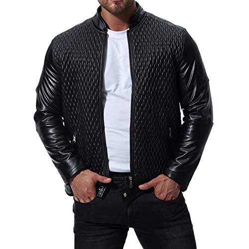 WJFGGXHK Herren Lederjacke - Schwarze Kurze Lederjacke Weicher Slim-Fit Mode Kurzer Motorrad-Ledermantel - Herbst Winter Retro-Mann-Knopf-Jacke Lässiger Leder-Blazer Biker-Outwear, Schwarz, XXL von WJFGGXHK