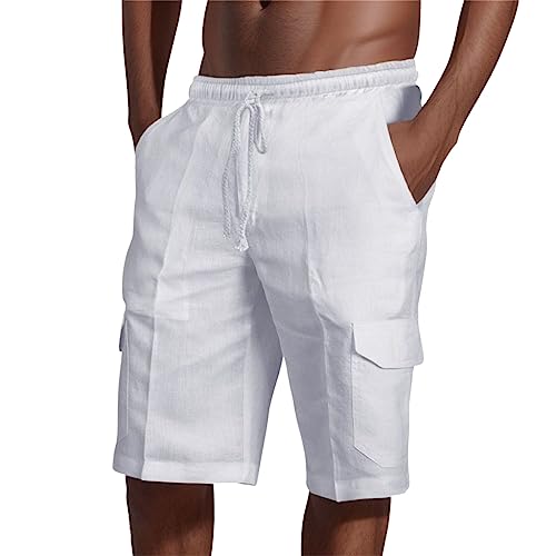 WKAYsIV Baumwoll Jogginghose Herren Turnhose Kurz Herren Sommer Herren Solid Leinen Shorts Freizeit -Pocket Urlaub Casual Baumwolle Party Farbe Herren Casual Shorts Sporthose(Weiß,M) von WKAYsIV