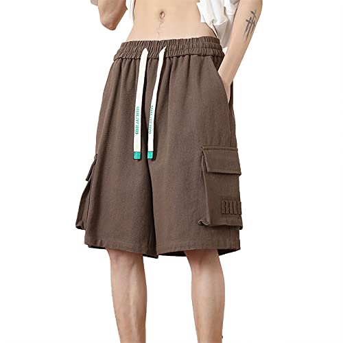 WKAYsIV Cargohose-Bundweite-Schrittlänge Knielange Jogginghose Herren Bund Kordelzug Beiläufige Lose Gerade Hosen Herren Arbeitsshorts Hose Schwarz Herren(Braun,L) von WKAYsIV