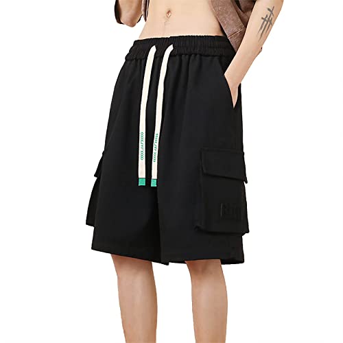 WKAYsIV Cargohose-Bundweite-Schrittlänge Knielange Jogginghose Herren Bund Kordelzug Beiläufige Lose Gerade Hosen Herren Arbeitsshorts Hose Schwarz Herren(Schwarz,3XL) von WKAYsIV