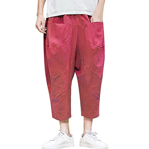 WKAYsIV Herren Fahrrad leinenhosen Herren Hose Herren Winter Caprihose Baggy Haremshose Kordelzug Yoga Strandhose Trainingshort Herren Kurz(Rot,4XL) von WKAYsIV