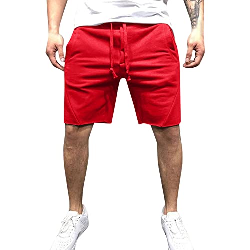 WKAYsIV Kurze Hose Stoff Shorts mit mittlerer Taille, solide Splice-Tasche, Kordelzug, knielange Shorts Tennisshorts Mit Tasche Herren(Rot 3XL) von WKAYsIV