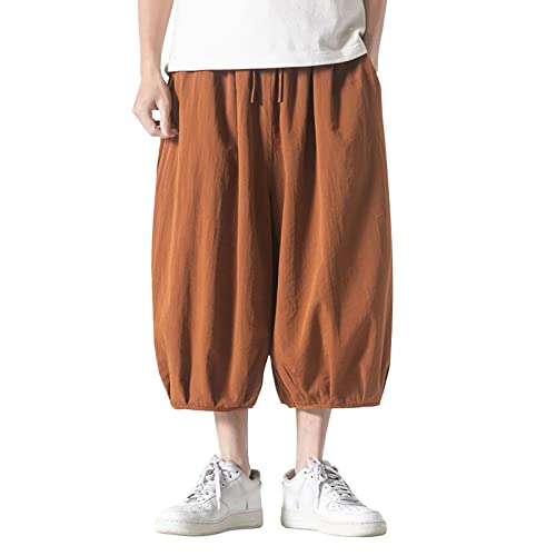 WKAYsIV Pants Hosen Herren Baggy Leichte Baumwolle Leinen Lose Beiläufige Gerade Weite Haremshose Acht Hosen Männer Herren Set(Braun,XXL) von WKAYsIV