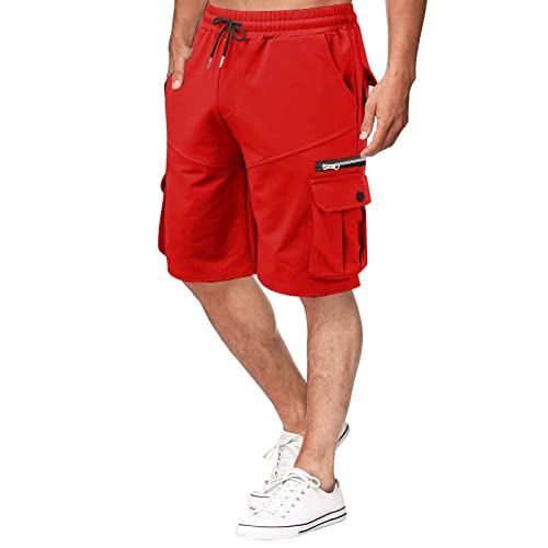 WKAYsIV Sommerhose Herren Hose Stretch Jogginghose Mit Gummizug Herren Lose Plus Größe Fünf-Punkte-Hose Pocket Zipper Casual Shorts Jogginghose Herren Cargohose(Rot,3XL) von WKAYsIV