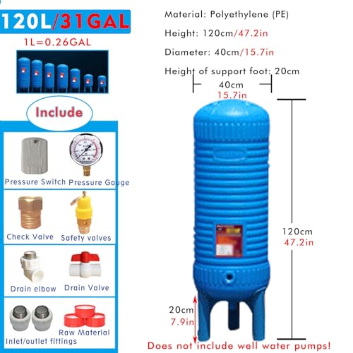 WLCGYD Pressure Tank Wassersysteme Drucktank PE, vorunter Druck stehender Wasserspeichertank mit Installationssatz für Brunnenpumpe, Heimdrucktanks(120L/31GAL) von WLCGYD