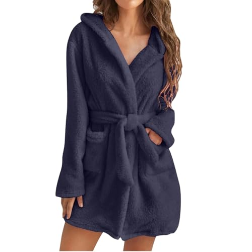 Damen-Bademantel Women's Bathrobe Winter Puffy Pajamas Ladies Hooded Solid Color Nightgown Warm Bathrobe Female Home Clothes-Marineblau-L von WLDMI