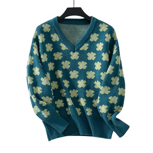 Damen Pullover Blume Jacquard V-Ausschnitt Pullover Pullover Für Frauen Herbst Und Winter Lässige Strickpullover Für Frauen-Blau-L von WLDMI